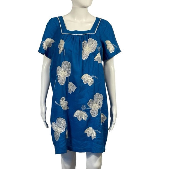 J Crew Factory 100% Linen Blue Embroidered Floral Shift Lightweight Dress Sz S - Picture 1 of 13
